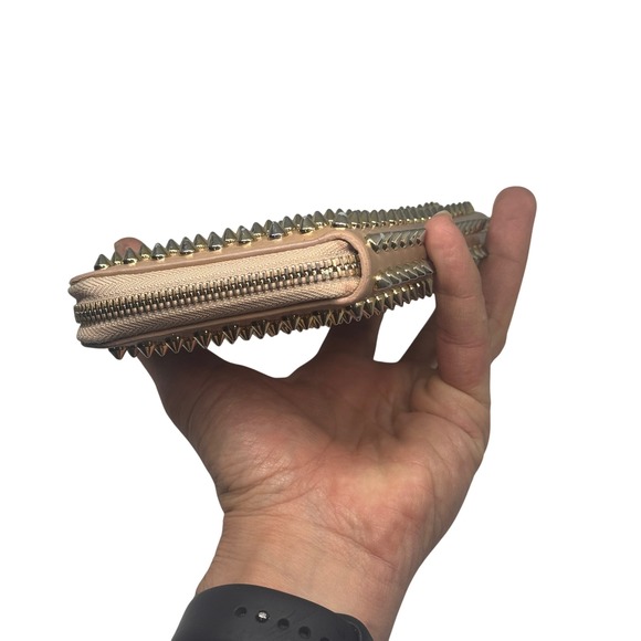 Christian Louboutin Studded Leather Zip‎ Around Wallet Nude Gold Spikes - Picture 3 of 11